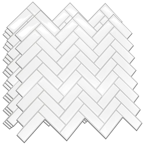 Peel and Stick Backsplash Tiles Sticker for Kitchen Stick on Backsplash 8 Sheets 11" x 8" Subway Tile Bathroom Splashback Water Heat Resistant White Herringbone Glossy Spring Easter Decoration