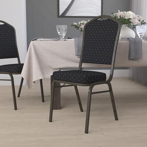 Emma + Oliver Black Patterned Fabric Crown Back Stacking Banquet Chair - color: Black Patterned Fabric/Gold Vein Frame