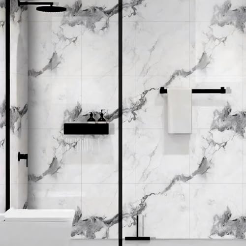 Chejiaye 10pcs Marble Peel and Stick Backsplash Waterproof Washroom Wall Panels, Peel and Stick Tile, PVC Foam Wall Panels for Kitchen,Bathroom,Living Room,White Grey(Not Real Tile,11.8" x 11.8") - color: White Grey2, size: 11.8" x 11.8" x 10Pack
