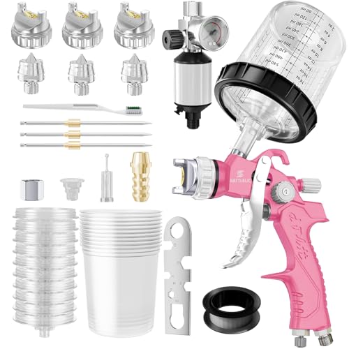 HVLP Air Spray Gun with 1.4/1.7/2mm Nozzles & Air Compressor Regulator, Air Spray Paint Gun w/10pcs 600cc Mixing Cup and Lids, Automotive Paint Sprayer for Car, House Painting, Furniture (Pink) - color: Pink