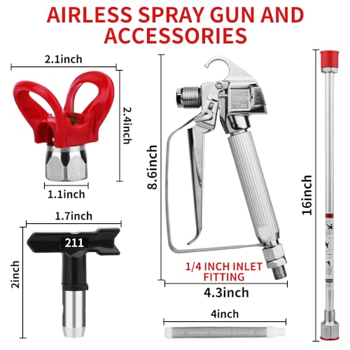 3600 PSI High Airless Paint Sprayer Gun with Nozzle Guard and with 5 Spray Nozzle Tips and 5 Airless Paint Sprayer Gun Filters and 16Inch(40CM) Spray Painted Extension Pole (211, 313, 415, 517, 623)