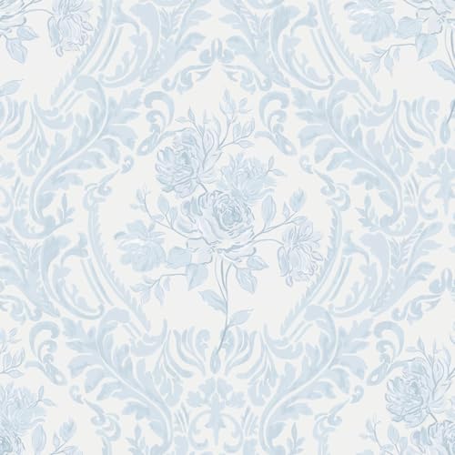Ismoon Floral Peel Stick Wallpaper Vintage Blue Damask for Bathroom Wall - color: Blue, size: 17.3" x 196"