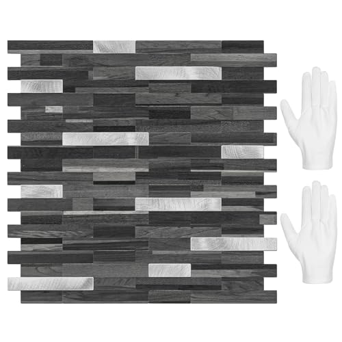 STICKGOO Peel and Stick Backsplash Tile, Stick on Backsplash for Kitchen and Bathroom, Black Grey Wood Look PVC Mixed Metal Silver Self Adhesive Wall Tiles(10 Sheets) - color: Black Grey with Metal Silver