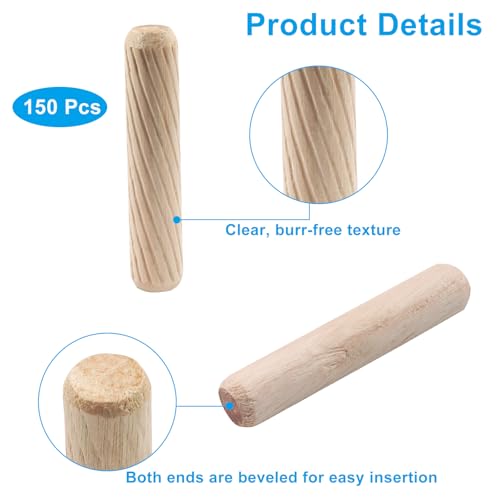 150 Pack Wooden Dowel Pins ,Wood Grooved Plugs Pin M8x40mm Hardwood Fluted Dowels for Furniture Woodworking Crafts, DIY Carpentry - size: M8x40mm