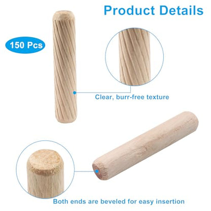 150 Pack Wooden Dowel Pins ,Wood Grooved Plugs Pin M8x40mm Hardwood Fluted Dowels for Furniture Woodworking Crafts, DIY Carpentry - size: M8x40mm