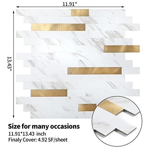 Yipscazo 5 Sheets Peel and Stick Stone Metal Tile Backsplash, Stick on Tiles for Backsplash Kitchen, Bathroom, Laundry Room, Camper, Fireplace (12'' X 12'', White Stone with Gold) - color: White Stone with Gold