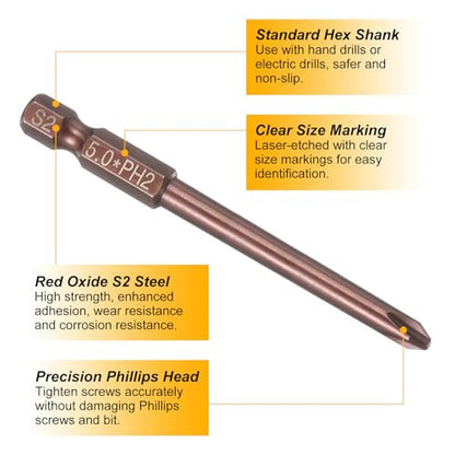 HARFINGTON 5pcs #2 Phillips Screwdriver Bit PH2 1/4" Hex Shank 3" (75mm) Long 0.2" Rod Magnetic Cross Head Drive Drill Bits S2 Steel Industrial Screw Driver Electric Power Tool, Brown - size: PH2 x 3" x 0.2"