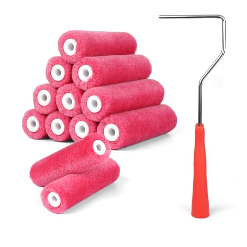 RAWILL Mohair Paint Roller 4 Inch, 12 PCS Small Paint Roller Kit with Frame Lint-Free & Shed-Resistant Ideal for Painting/Door/Wood/Cabinets/Corners and Walls - color: 4 in,12PC
