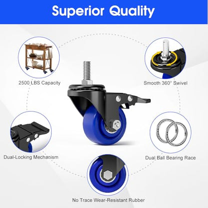 Caster Wheels, Threaded Stem Casters Set of 4 Heavy Duty,1/2"-16 x 1(Stem Diameter 1/2", Length 1"), Dual Locking Caster, Industrial Castor Wheels for Furniture,Carts - color: Black-Blue