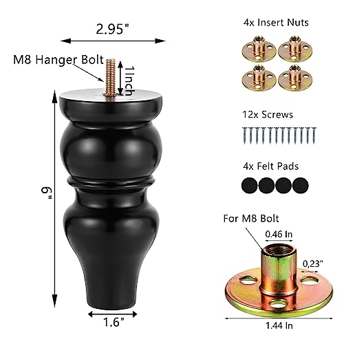 Maricome 6 Inch Replacement Sofa Legs Pre-drilled M8 Bolt Wood Furniture Legs Set of 4 Couch Legs High Polish Modern Mid Century Screw in - color: 6 Inch Black