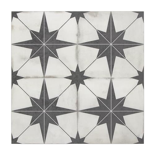 INNO STCIEKRS 16-Sheet Peel and Stick Floor and Wall Tile for Bathroom Kitchen, 9" x 9" Patterned Star SPC Self-Adhesive Vinyl Flooring Encaustic Groutable Backsplash Tile, Covers 9.12 Sq. Ft. - color: Black Star