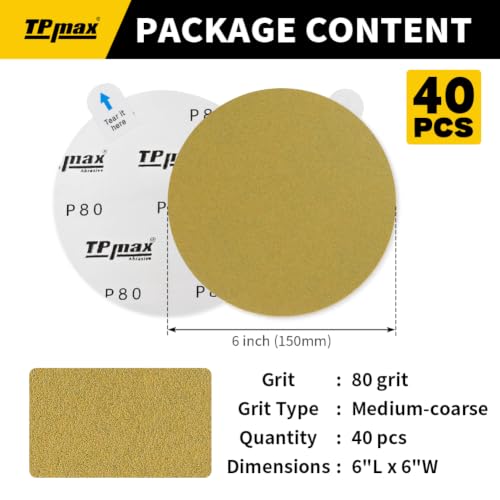 TPmax 6-Inch 80-Grit Gold PSA Sanding Discs, 40 Pack – Pro-Grade Self-Adhesive Stickyback Sandpaper with Quick-Release Tabs for DA Sander, Medium-Coarse Automotive/Wood/Metal Sanding - style: 80 Grit