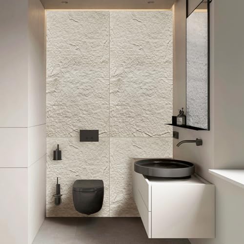 Faux Stone Wall Panels, 5-Pack 3D PU Cement-Texture Panels, White - color: Ivory