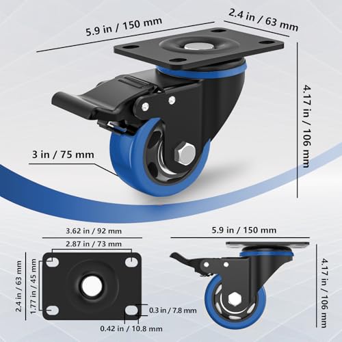 3 Inch Caster Wheels,Swivel Casters Set of 4 Heavy Duty with Safety Dual Locking,Plate Casters with Double Ball Bearings, Industrial Castor Wheels for Furniture,Workbench(Free Hardware Kits)