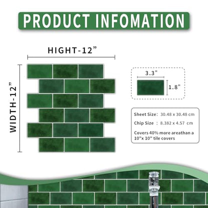 10 Sheets Backsplash Tile Peel and Stick for Kitchen 12"X12"Adhesive Back Splash Wall Sticker on Renter Friendly for Bathroom Dark Green - color: Darkgreen