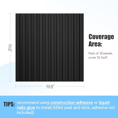 STICKGOO 3D Slat Wall Panels, PVC Fluted Wall Decor, 12 Tiles, Black - color: Black