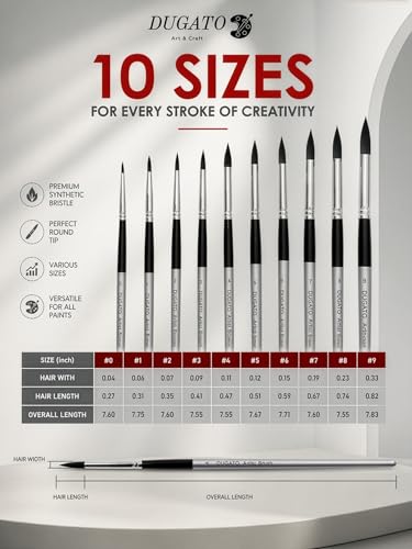 DUGATO Watercolor Brush Set of 10, Round Pointed Tip, Fine Synthetic - color: Black