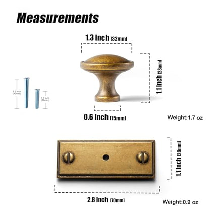 6Pack Antique Brass Cabinet Knob with Backplate Round Drawer Knob - color: Antique Brass, style: Plaquette