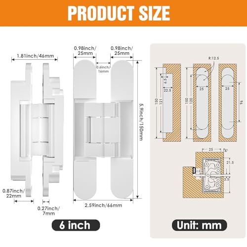 6" Hidden Door Hinge/Concealed Hinges,Invisible Hinges - color: White, size: 6 Inch