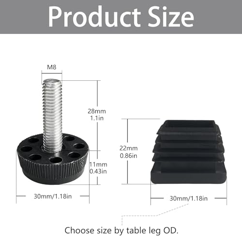 8-Pack Adjustable Furniture Leveling Feet, 30x30mm Square Insert - size: 30x30mm