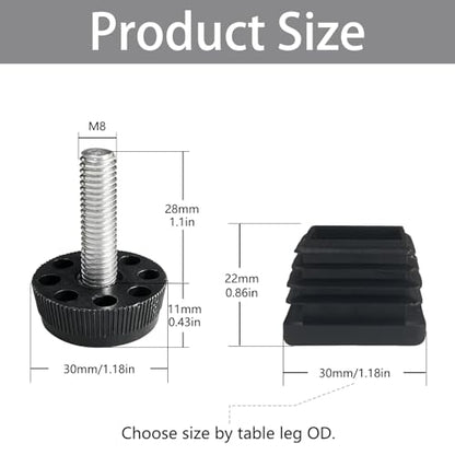 8-Pack Adjustable Furniture Leveling Feet, 30x30mm Square Insert - size: 30x30mm