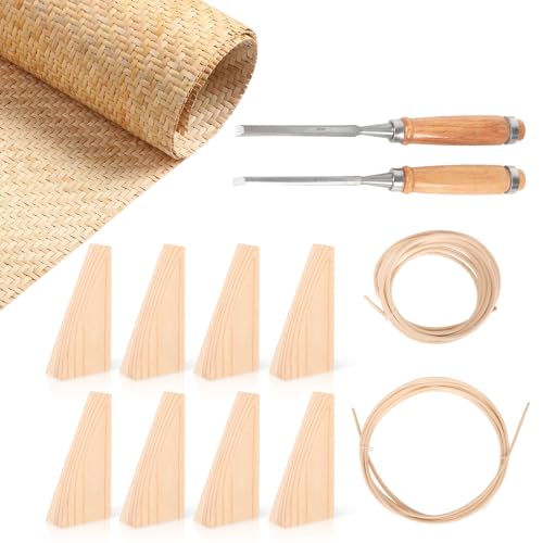 Reaeng Rattan Repair Kit for Chair Caning, Complete Furniture Restoration Kit with 15.7 x 39.4 Inch Cane Webbing Roll, Spline, 2 Caning Chisels and 8 Wooden Wedges - color: Style C