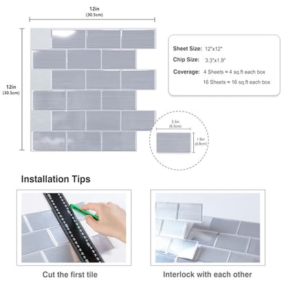 CRE8TIVE 16 Sheets Silver Peel and Stick Subway Tile Backsplash for Kitchen Bathroom 12"x12" 3D Metallic Stainless Steel Look Wall Tile Waterproof Stick on Backsplash Tiles for Living Room Fireplace - size: 12"x12" (16-Sheets)