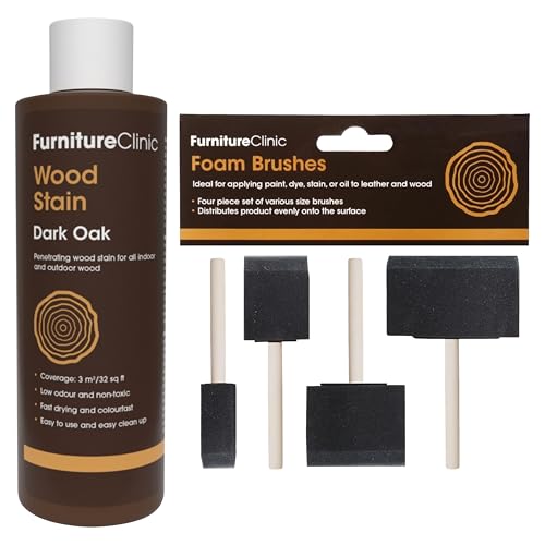 Furniture Clinic 8.5oz Dark Oak Wood Stain + 4 Pack Foam Brushes | Water Based | Fast Drying, Low Odor, & Non-Toxic | for Indoor & Outdoor Furniture and More