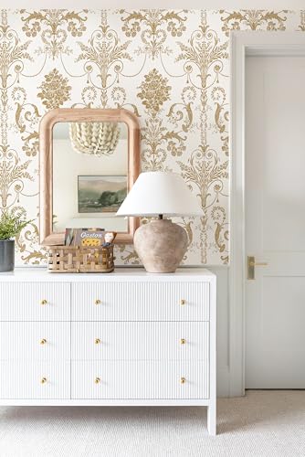 Damask Floral Peel and Stick Wallpaper Removable Gold Flowers Contact Paper - color: Gold, size: 17.3" x 197"