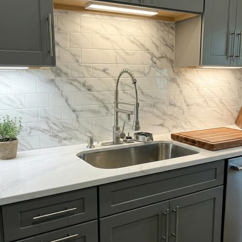 From Plain To Beautiful In Hours 129 Subway PVC 2' x 8' Glue-up Backsplash Panels (Covers / 32 sq.ft), Marble, 2 Piece - color: Marble, size: Pack of 2