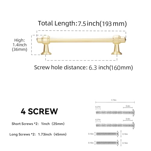 10 Pack 6-1/4 Inch Kitchen Cabinet Handles Brushed Brass Cabinet Pulls Zinc Alloy Drawer Pulls Solid Kitchen Hardware - color: Brushed Brass, size: 6-1/4'' Hole Center(160mm)