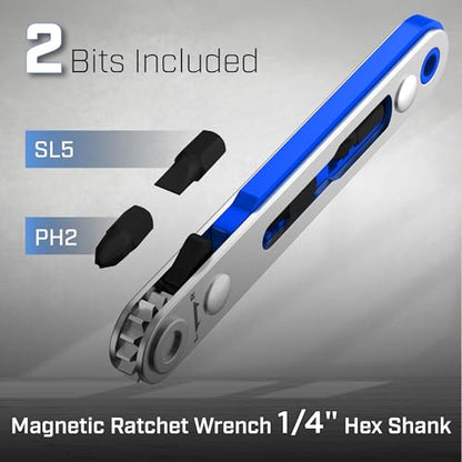 Bates- Mini Ratchet Wrench, 1/4" Magnetic 90 Degree Screwdriver, Blue, Low Profile Right Angle Screwdriver for Tight Spaces - color: Blue, size: 1 pcs