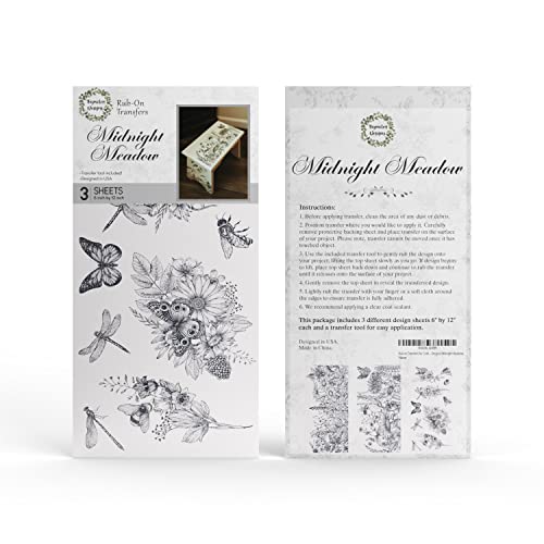 Rub on Transfers for Crafts and Furniture | 3 Design Sheets 6”x 12” | Home Decor Transfers | Furniture and Craft Decals | by Thymeless Designs (Midnight Meadow) - style: Midnight Meadow