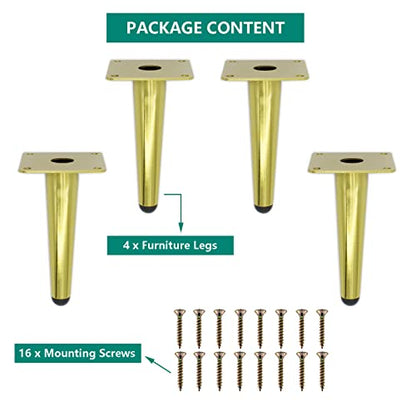 4 Pack Furniture Legs, Round Tapered Furniture Feet, Heavy Duty Metal Foot for Sofa Cabinet Cupboard Bar Bed Table Chair Couch Ottoman Dresser Desk Home DIY Projects (15cm/6" Height, Gold) - color: Gold, size: 15cm/6" Height