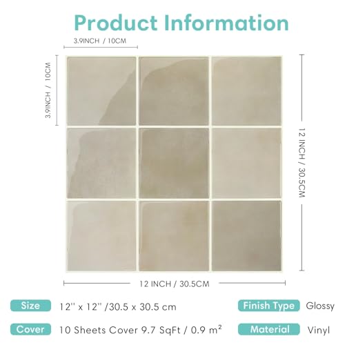 Commomy Thicker Peel and Stick Tiles 10 pcs of 12" x 12" - color: Glossy Gradient Taupe & Thicker Design