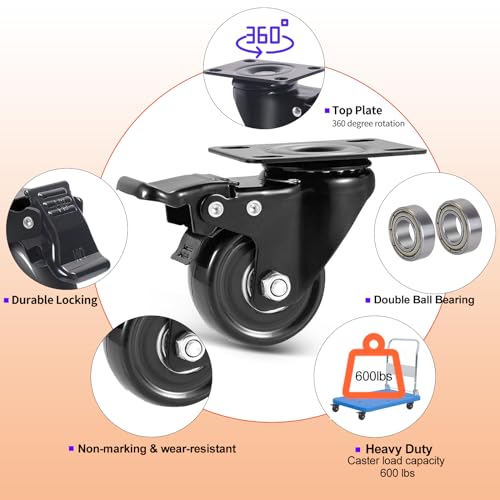 2" Caster Wheels Set of 4, Heavy Duty Casters with Brake 600 Lbs - size: 2 inch