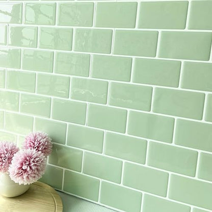 Alwayspon 10 Sheets 3D Peel and Stick PVC Backsplash Tiles, 12"x6" Self-Adhesive Wallpaper Wall Tile Stickers Stick on Subway Tiles for Kitchen Bathroom, Spearmint - color: Spearmint