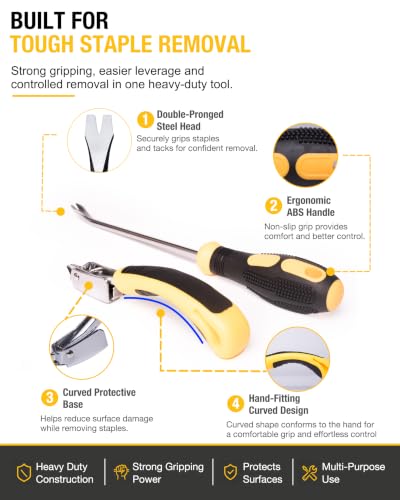 Heavy Duty Staple Remover Tool with Double Pronged Head, Upholstery Staple Puller for Furniture, Carpet, Floor, Wood, Carton and Tack Removal, Industrial Nail Lifter Tool