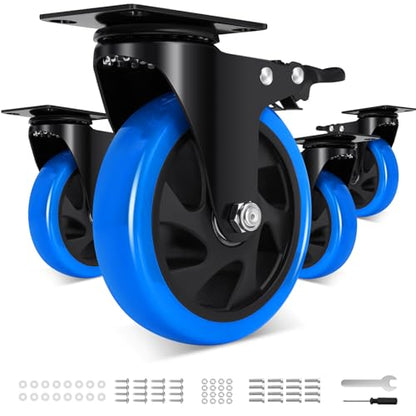 5 Inch Casters Wheel Set of 4, 2200 Lbs Heavy Duty Casters, Safety Locking Industrial Casters with Brake, No Noise Plate Wheels for Cart, Workbench, Furniture (Free Hardware Kits) - size: 5inch