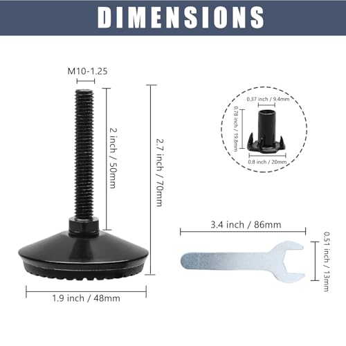 Black M8 Fixed Leveling Feet 8 Pack T-Nuts Wrench Incl - size: M8*50mm, 8Pcs
