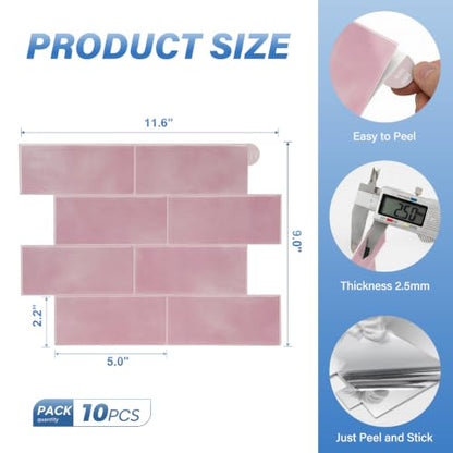 Thicker Design Peel and Stick Wall Tile，Self Adhesive Backsplash Tiles for Kitchen & Bathroom (10 Sheets, Pink) - color: Pink