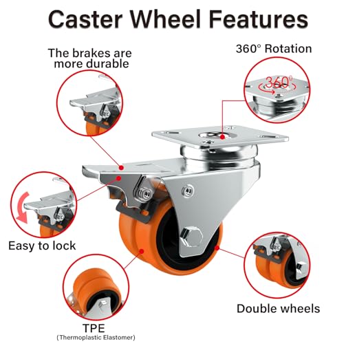2" Double Wheel Casters with Brake (4 Pack) - color: Orange