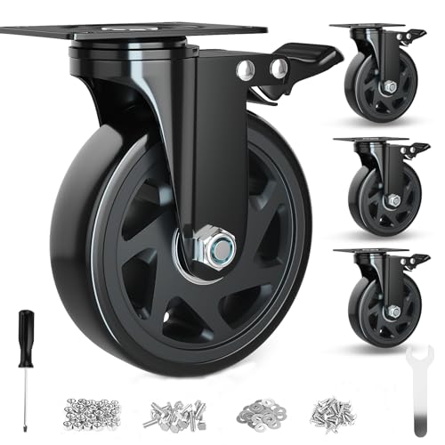 6 Inch Caster Wheels Heavy Duty Casters Set of 4 with Brake - color: Black, size: 6 Inch