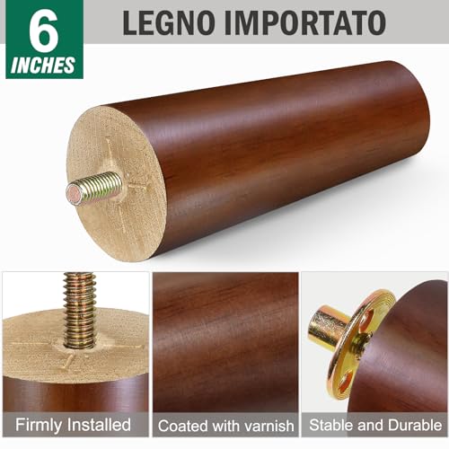 FoDau770 Rubber Wood Legs 6", Straight Taper, 5/16"-18 Thread, Brown, 8pcs - color: Brown, size: 6 Inch - Straight (90°)