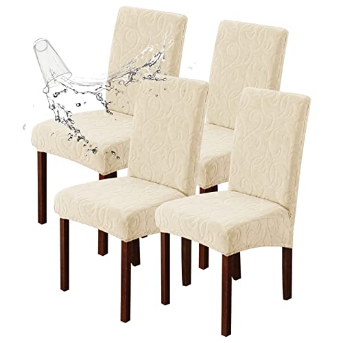 Waterproof Dining Room Chair Covers, Stretch Parsons Chair Slipcovers - color: Flower Pattern-beige, size: Regular-4 Pack