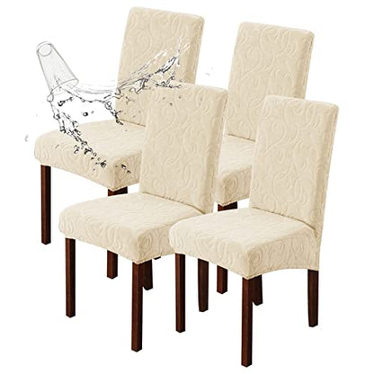 Waterproof Dining Room Chair Covers, Stretch Parsons Chair Slipcovers - color: Flower Pattern-beige, size: Regular-4 Pack