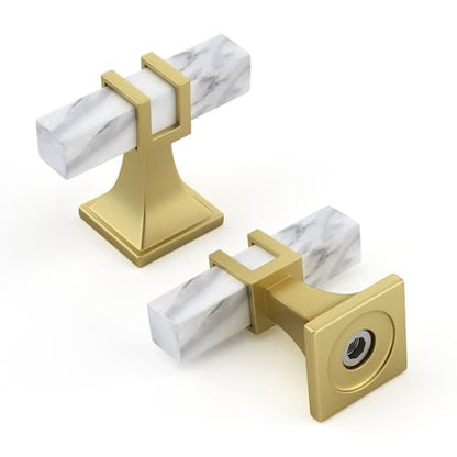 Rergy 10 Pack Cabinet knobs, White Marble & Matte Gold Single Hole Pulls - color: White Marble & Matte Gold &Square, size: Single Hole
