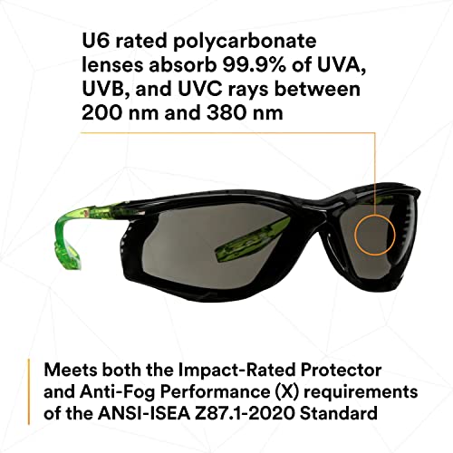 3M Safety Glasses Scotchgard Anti-Fog Coating - color: Gray Lens, Green/Black Frame With Foam Gasket, size: One size fits most
