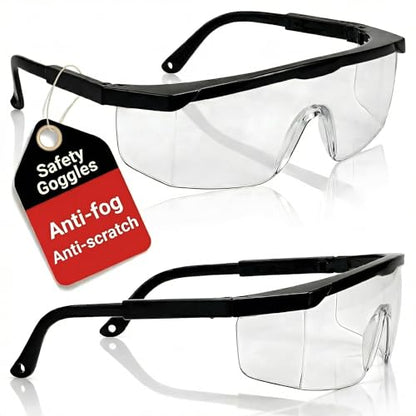 2 Pack Safety Glasses ，ANSI Z87.1 Anti-Fog Anti-Scratch Clear Wrap-Around Lenses Adjustable Temples