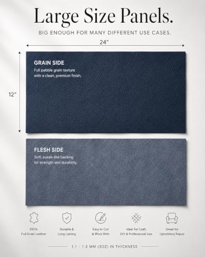 12'' x 24'' Genuine Full Grain Cowhide Leather Sheet — Soft Leather for Upholstery Repair, Handbags, Wallets, Sewing, Crafts, & DIY Projects — 1.1-1.3mm (3oz) Pre-Cut (Navy, 1 Piece) - color: Navy, size: 1 Piece